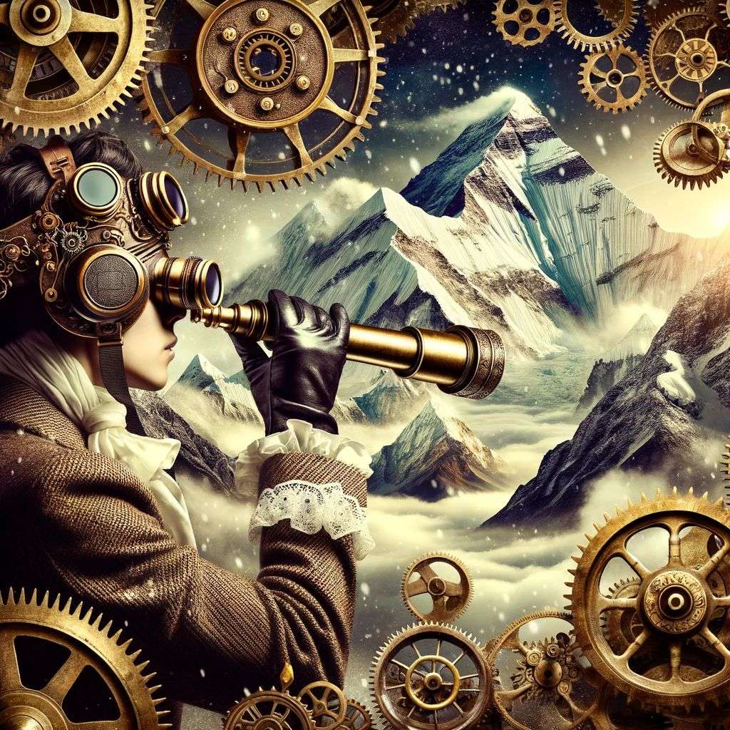 someone gazing at Mount Everest, digital art, steampunk